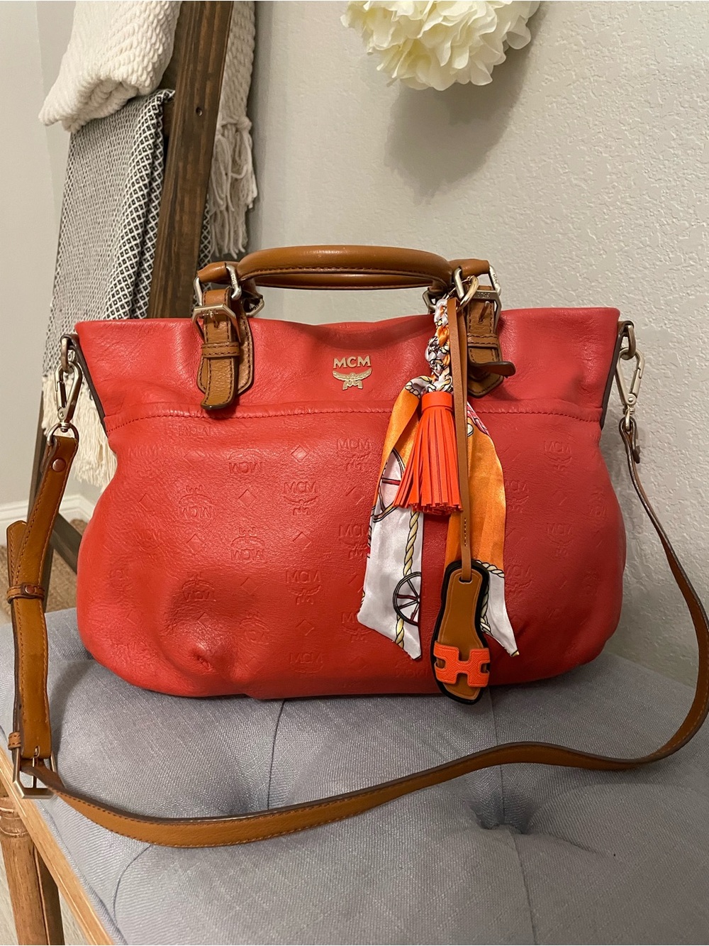 MCM Bright Orange Leather Tote with Tan Trim